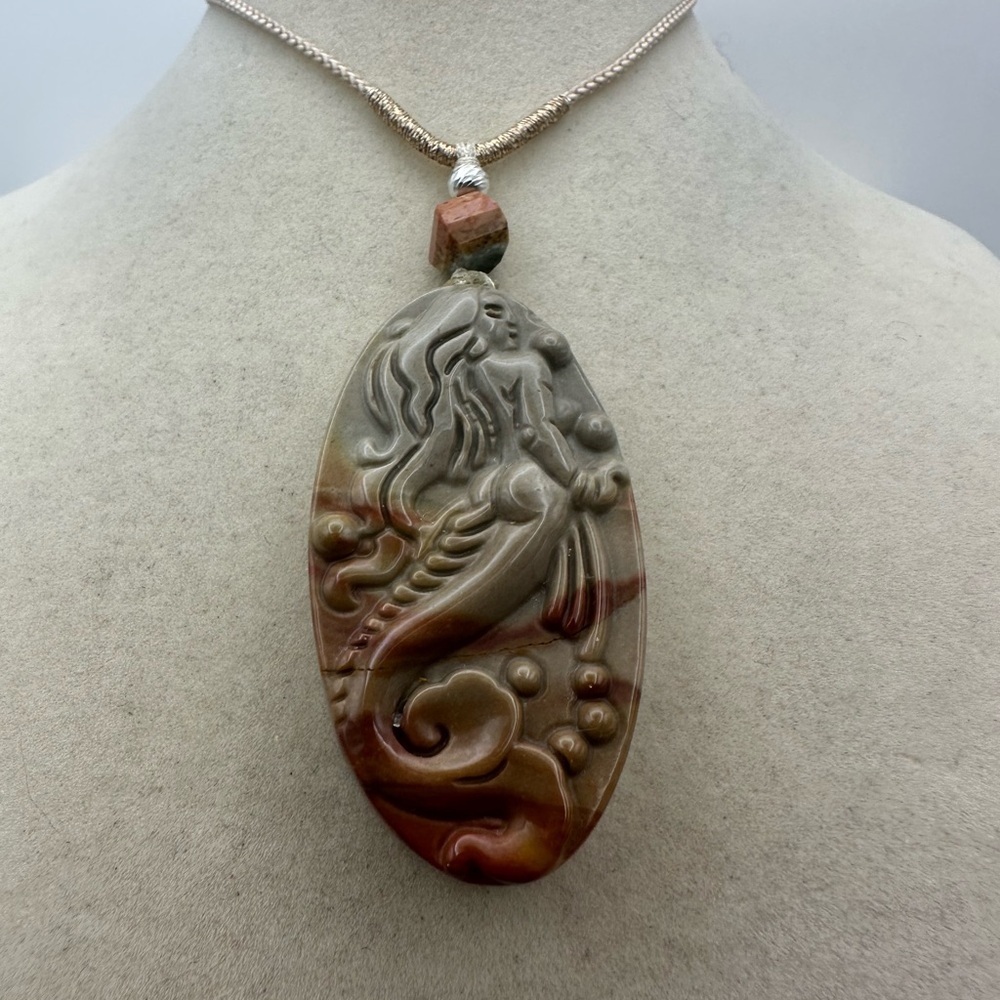 Polychrome Jasper Oval Mermaid Carving Pendant on Adjustable Rope with Silver - Picture 2 of 12